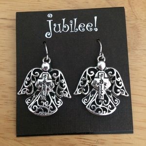 Faith Angel Dangle Earrings Silver Tone